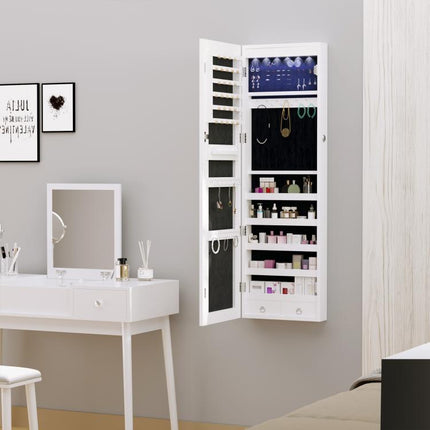 Jewelry Cabinet with Mirror and LED Lights, Lockable Makeup Cosmetics Jewellery Organiser, Mirror with Storage for Bedroom Dressing Room, White