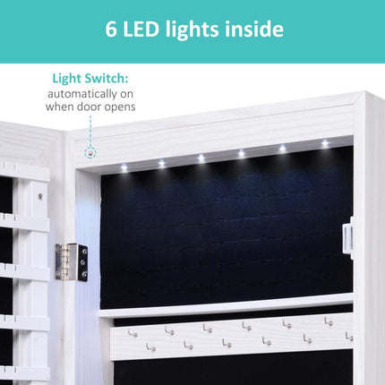 Jewelry Cabinet with Mirror and LED Lights, Lockable Makeup Cosmetics Jewellery Organiser, Mirror with Storage for Bedroom Dressing Room, White