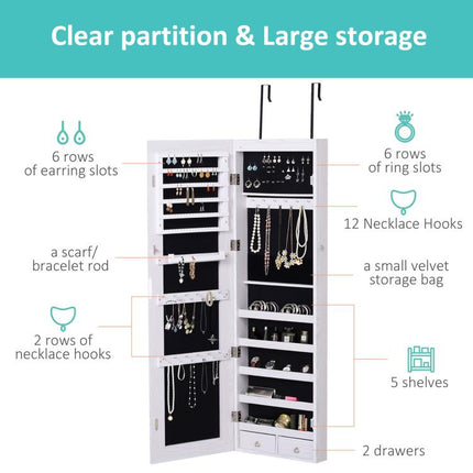 Jewelry Cabinet with Mirror and LED Lights, Lockable Makeup Cosmetics Jewellery Organiser, Mirror with Storage for Bedroom Dressing Room, White