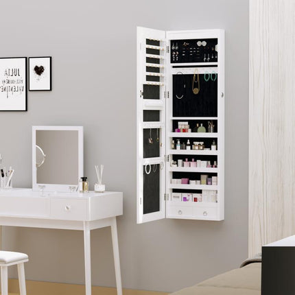 Jewelry Cabinet with Mirror and LED Lights, Lockable Makeup Cosmetics Jewellery Organiser, Mirror with Storage for Bedroom Dressing Room, White