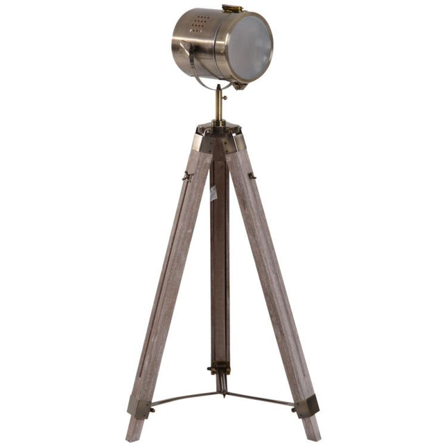 Industrial Tripod Floor Lamp, Nautical Searchlight with Adjustable Height, Wood Legs, E14 Lamp Base for Living Room, Bedroom, Grey and Bronze