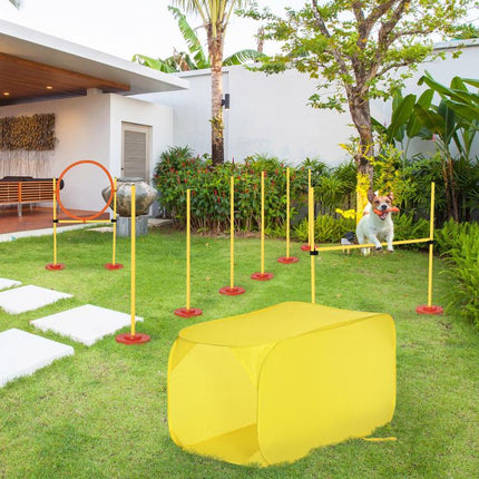Dog Agility Equipment Portable Pet Training Obstacle Set for Dogs 5 Pieces w/ Adjustable High Jumping Pole, Jumping Ring, Weave Poles, Tunnel