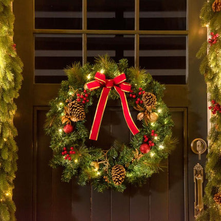 60cm Pre-Lit Artificial Christmas Door Wreath Holly LED Decor Pine Cones Hanging Glittered Festival Indoor Decoration
