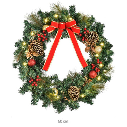 60cm Pre-Lit Artificial Christmas Door Wreath Holly LED Decor Pine Cones Hanging Glittered Festival Indoor Decoration