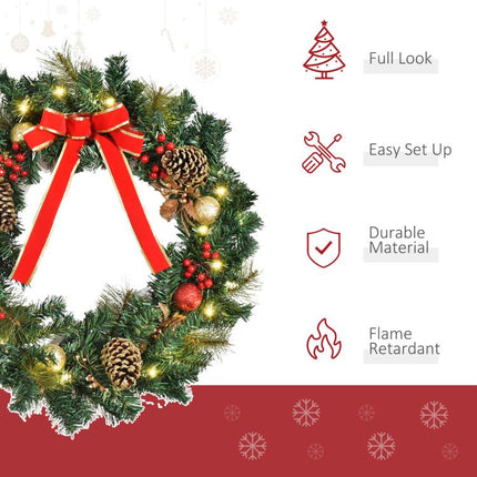 60cm Pre-Lit Artificial Christmas Door Wreath Holly LED Decor Pine Cones Hanging Glittered Festival Indoor Decoration