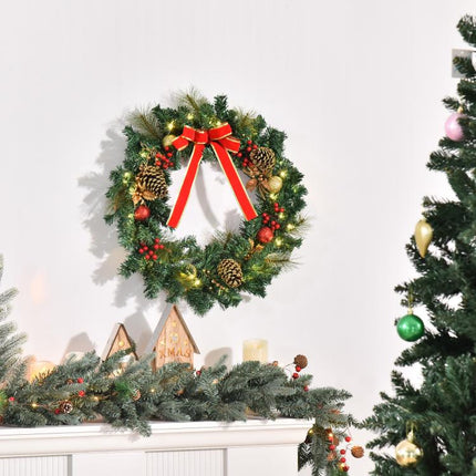 60cm Pre-Lit Artificial Christmas Door Wreath Holly LED Decor Pine Cones Hanging Glittered Festival Indoor Decoration