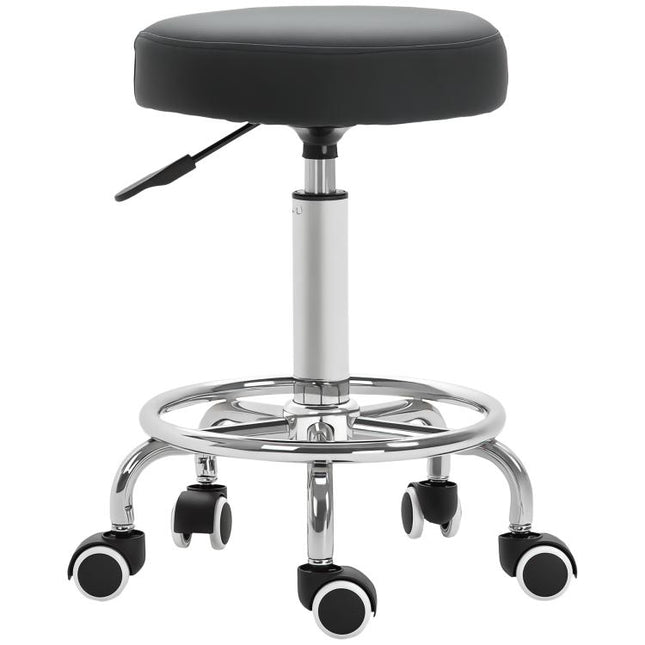 Round Rolling Stool, PU Leather Height Adjustable Stool Chair with Wheels and Swivel Seat for Salon, Massage, Spa, Home Kitchen, Black