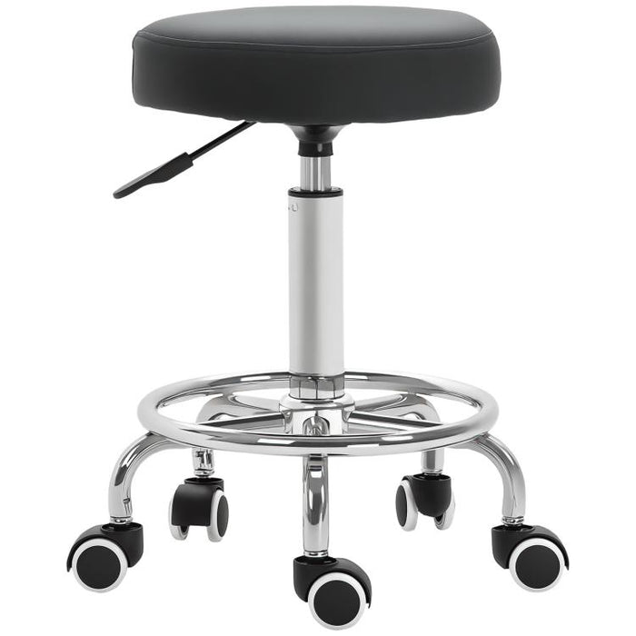 Round Rolling Stool, PU Leather Height Adjustable Stool Chair with Wheels and Swivel Seat for Salon, Massage, Spa, Home Kitchen, Black
