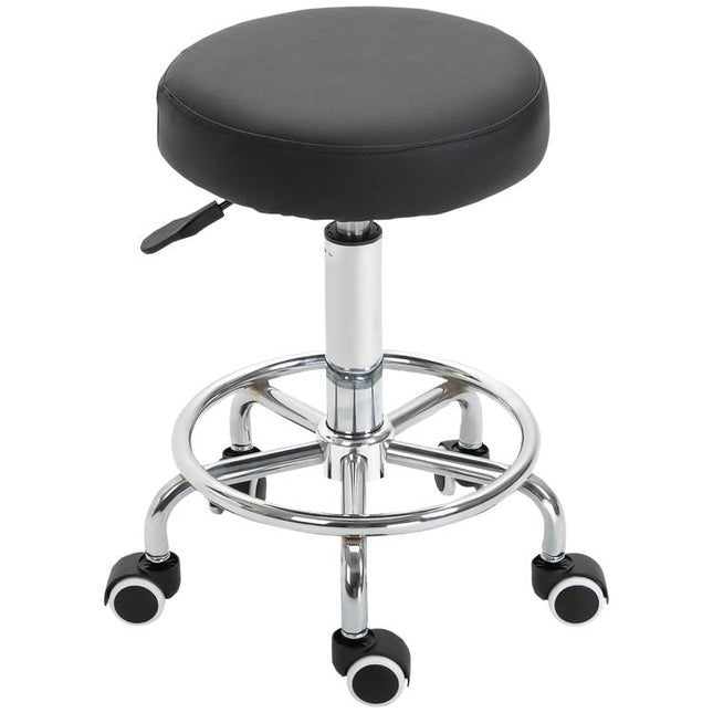 Round Rolling Stool, PU Leather Height Adjustable Stool Chair with Wheels and Swivel Seat for Salon, Massage, Spa, Home Kitchen, Black