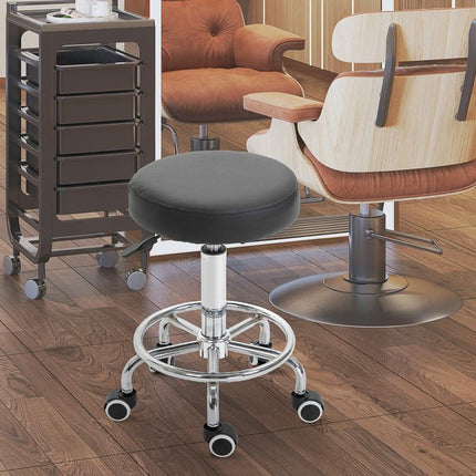 Round Rolling Stool, PU Leather Height Adjustable Stool Chair with Wheels and Swivel Seat for Salon, Massage, Spa, Home Kitchen, Black