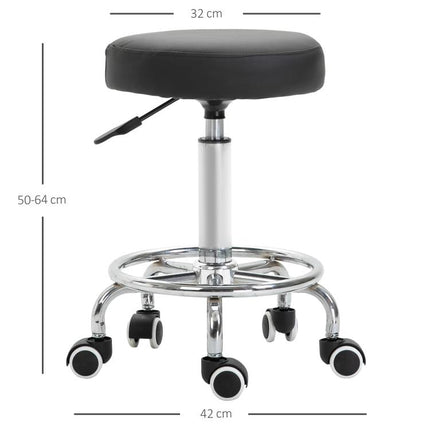 Round Rolling Stool, PU Leather Height Adjustable Stool Chair with Wheels and Swivel Seat for Salon, Massage, Spa, Home Kitchen, Black
