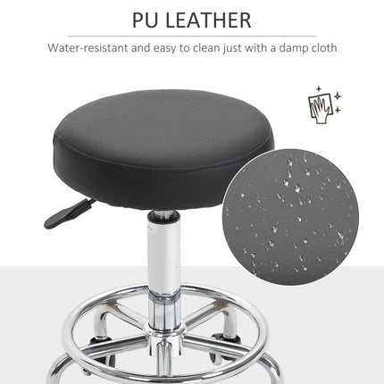 Round Rolling Stool, PU Leather Height Adjustable Stool Chair with Wheels and Swivel Seat for Salon, Massage, Spa, Home Kitchen, Black