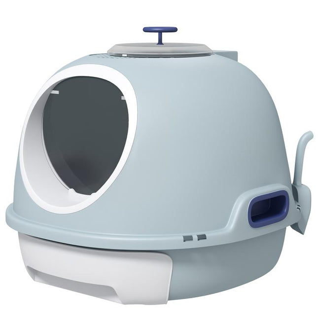 Cat Litter Box Toilet with Litter Scoop Enclosed Drawer, Front Entry Top Exit, Easy To Clean Blue