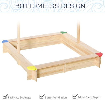 Kids Wooden Sand Pit Sandbox Children Square Outdoor Playset Adjustable Canopy Bench Seat 120x120x120cm