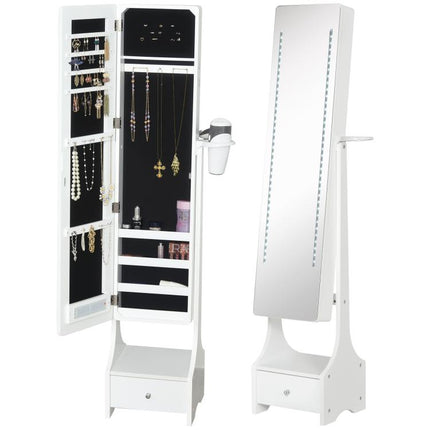 Jewellery Cabinet, Full Length Mirror with Storage, Free Standing Mirror with LED Lights, Hooks, Drawer and Hairdryer Holder for Bedroom, White
