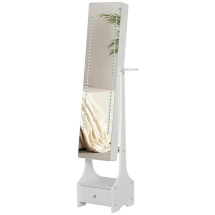 Jewellery Cabinet, Full Length Mirror with Storage, Free Standing Mirror with LED Lights, Hooks, Drawer and Hairdryer Holder for Bedroom, White