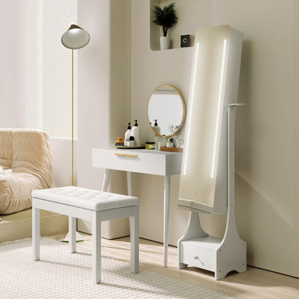 Jewellery Cabinet, Full Length Mirror with Storage, Free Standing Mirror with LED Lights, Hooks, Drawer and Hairdryer Holder for Bedroom, White