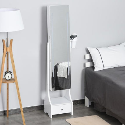 Jewellery Cabinet, Full Length Mirror with Storage, Free Standing Mirror with LED Lights, Hooks, Drawer and Hairdryer Holder for Bedroom, White