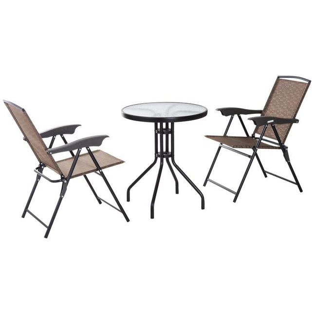 3 Piece Outdoor Bistro Set, Patio Conversation Furniture Set with 2 Folding Backrest Adjustable Armchairs and Glass Top Coffee Table, Brown