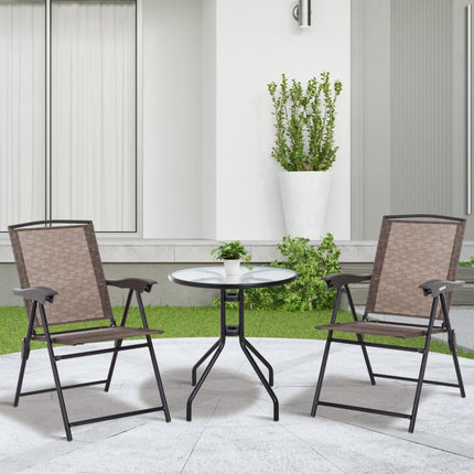 3 Piece Outdoor Bistro Set, Patio Conversation Furniture Set with 2 Folding Backrest Adjustable Armchairs and Glass Top Coffee Table, Brown