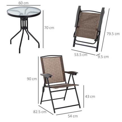 3 Piece Outdoor Bistro Set, Patio Conversation Furniture Set with 2 Folding Backrest Adjustable Armchairs and Glass Top Coffee Table, Brown