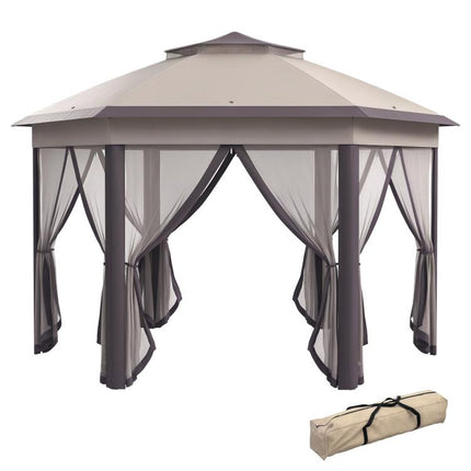 3 x 4m Garden Gazebo Hexagon Pop Up Gazebo Party Tent Canopy Double Roof Instant Shelter with Netting and Carry Bag for Outdoor Patio, Beige