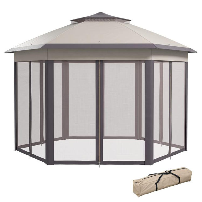3 x 4m Garden Gazebo Hexagon Pop Up Gazebo Party Tent Canopy Double Roof Instant Shelter with Netting and Carry Bag for Outdoor Patio, Beige