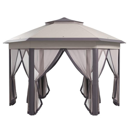 3 x 4m Garden Gazebo Hexagon Pop Up Gazebo Party Tent Canopy Double Roof Instant Shelter with Netting and Carry Bag for Outdoor Patio, Beige