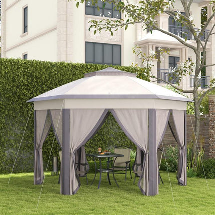 3 x 4m Garden Gazebo Hexagon Pop Up Gazebo Party Tent Canopy Double Roof Instant Shelter with Netting and Carry Bag for Outdoor Patio, Beige