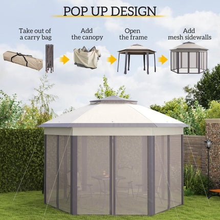 3 x 4m Garden Gazebo Hexagon Pop Up Gazebo Party Tent Canopy Double Roof Instant Shelter with Netting and Carry Bag for Outdoor Patio, Beige