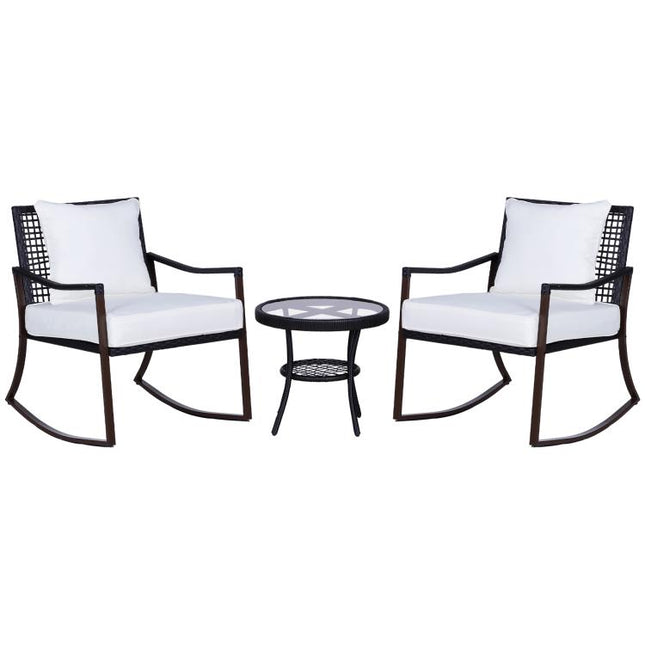 Rattan Bistro Set, 3 Pieces Wicker Garden Furniture Set with Rocking Chairs and Round Glass Top Coffee Table, Small Balcony Furniture with Cushions for Outdoor, Porch, Brown