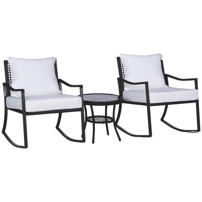 Rattan Bistro Set, 3 Pieces Wicker Garden Furniture Set with Rocking Chairs and Round Glass Top Coffee Table, Small Balcony Furniture with Cushions for Outdoor, Porch, Brown