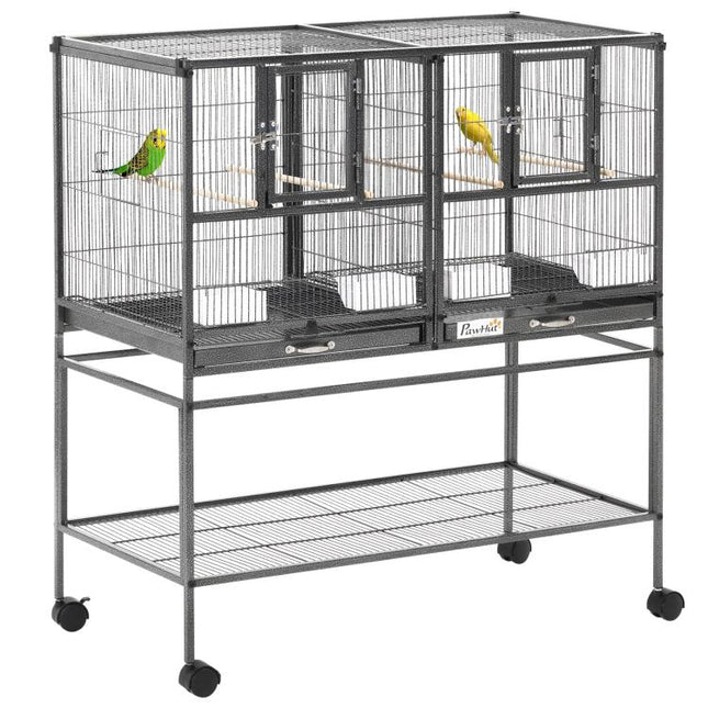Large Bird Cage Parrot Cage with Divider, Slide Tray for Finch Canaries Parakeets Cockatiels, 95 x 45.5 x 102 cm