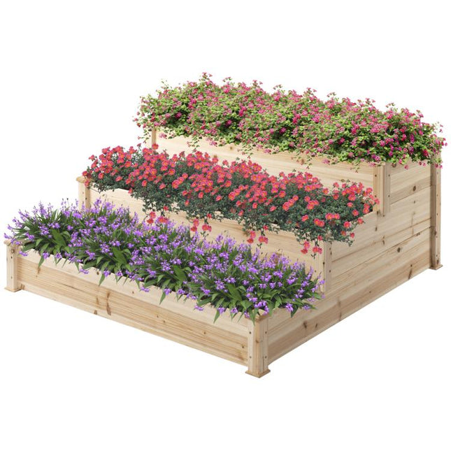 470L Raised Garden Bed, 3-Tier Planter Kit, Elevated Wooden Planters for Garden, Yard & Patio, 124 x 124 x 56 cm