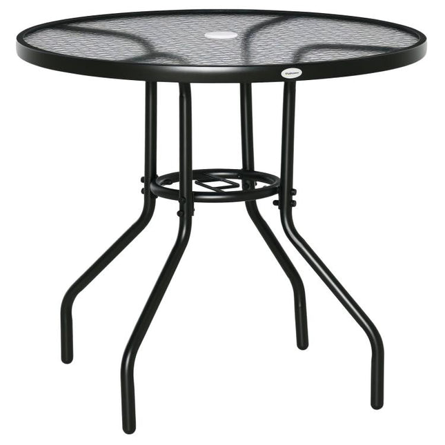 80 cm Round Dining Table with Parasol Hole, Outdoor Coffee End Side Table with Tempered Glass Top, Steel Frame for Garden, Black