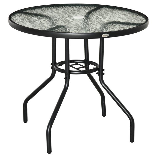 80 cm Round Dining Table with Parasol Hole, Outdoor Coffee End Side Table with Tempered Glass Top, Steel Frame for Garden, Black