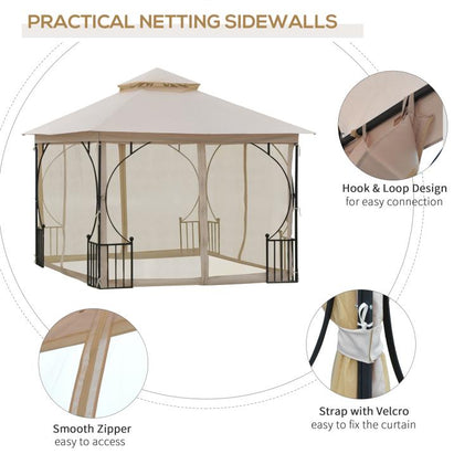 3 x 3m Garden Gazebo Patio Party Tent Shelter Outdoor Canopy Double Tier Sun Shade with Metal Frame and Netting, Beige