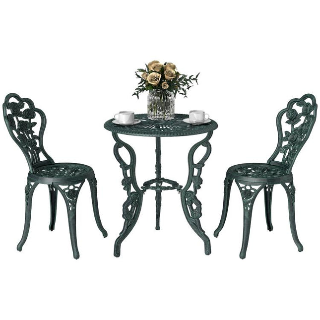Garden Bistro Set with Umbrella Hole, 3 Piece Cast Aluminium Garden Furniture Set, Antique Floral Round Coffee Table and Chairs, Small Balcony Furniture for Outdoor, Patio, Green