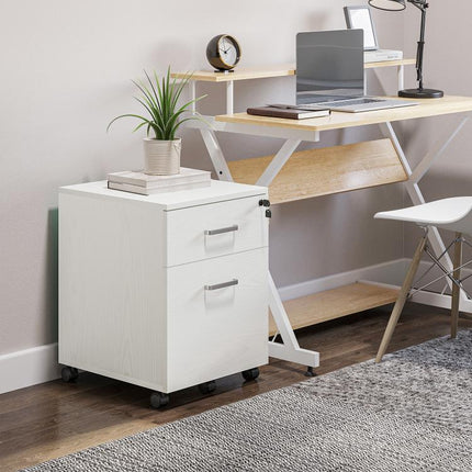 2-Drawer Locking Office Filing Cabinet w/ 5 Wheels Rolling Storage Hanging A4 Cupboard Home Organisation White Wood Grain