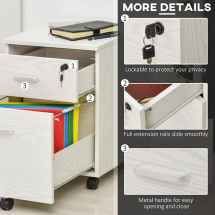 2-Drawer Locking Office Filing Cabinet w/ 5 Wheels Rolling Storage Hanging A4 Cupboard Home Organisation White Wood Grain