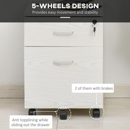 2-Drawer Locking Office Filing Cabinet w/ 5 Wheels Rolling Storage Hanging A4 Cupboard Home Organisation White Wood Grain