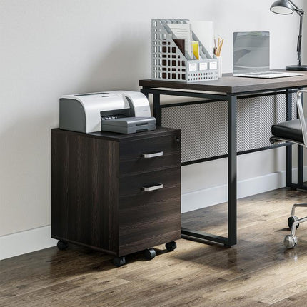 2-Drawer Locking Office Filing Cabinet w/ 5 Wheels Rolling Storage Hanging A4 Cupboard Home Organisation Black Wood Grain