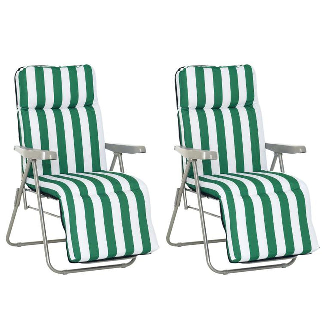 Reclining Garden Chair Set of 2, 5-Level Adjustable Zero Gravity Chairs with Cushions, Folding Sun Lounger Garden Recliner Chairs with Armrests for Outdoor, Patio, Green Stripe