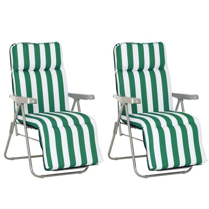 Reclining Garden Chair Set of 2, 5-Level Adjustable Zero Gravity Chairs with Cushions, Folding Sun Lounger Garden Recliner Chairs with Armrests for Outdoor, Patio, Green Stripe