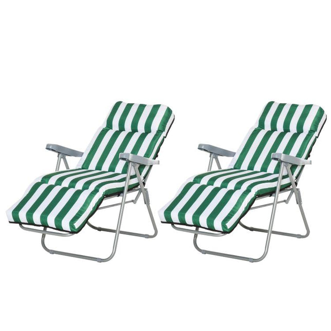 Reclining Garden Chair Set of 2, 5-Level Adjustable Zero Gravity Chairs with Cushions, Folding Sun Lounger Garden Recliner Chairs with Armrests for Outdoor, Patio, Green Stripe