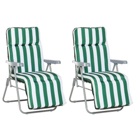 Reclining Garden Chair Set of 2, 5-Level Adjustable Zero Gravity Chairs with Cushions, Folding Sun Lounger Garden Recliner Chairs with Armrests for Outdoor, Patio, Green Stripe