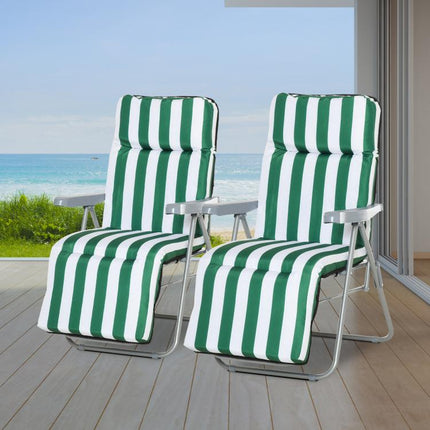 Reclining Garden Chair Set of 2, 5-Level Adjustable Zero Gravity Chairs with Cushions, Folding Sun Lounger Garden Recliner Chairs with Armrests for Outdoor, Patio, Green Stripe