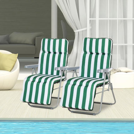 Reclining Garden Chair Set of 2, 5-Level Adjustable Zero Gravity Chairs with Cushions, Folding Sun Lounger Garden Recliner Chairs with Armrests for Outdoor, Patio, Green Stripe