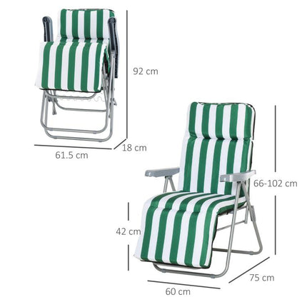 Reclining Garden Chair Set of 2, 5-Level Adjustable Zero Gravity Chairs with Cushions, Folding Sun Lounger Garden Recliner Chairs with Armrests for Outdoor, Patio, Green Stripe