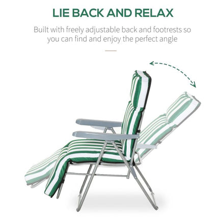 Reclining Garden Chair Set of 2, 5-Level Adjustable Zero Gravity Chairs with Cushions, Folding Sun Lounger Garden Recliner Chairs with Armrests for Outdoor, Patio, Green Stripe
